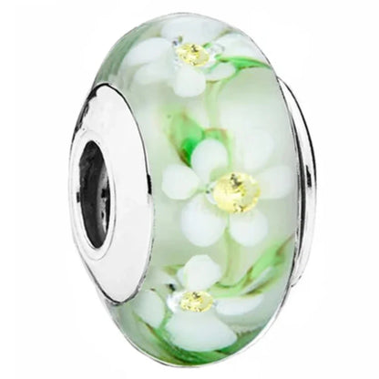 925 Sterling Silver Cosmic Rainbow Murano Glass Beads with Flower and Leaf Charms for DIY Women Jewelry