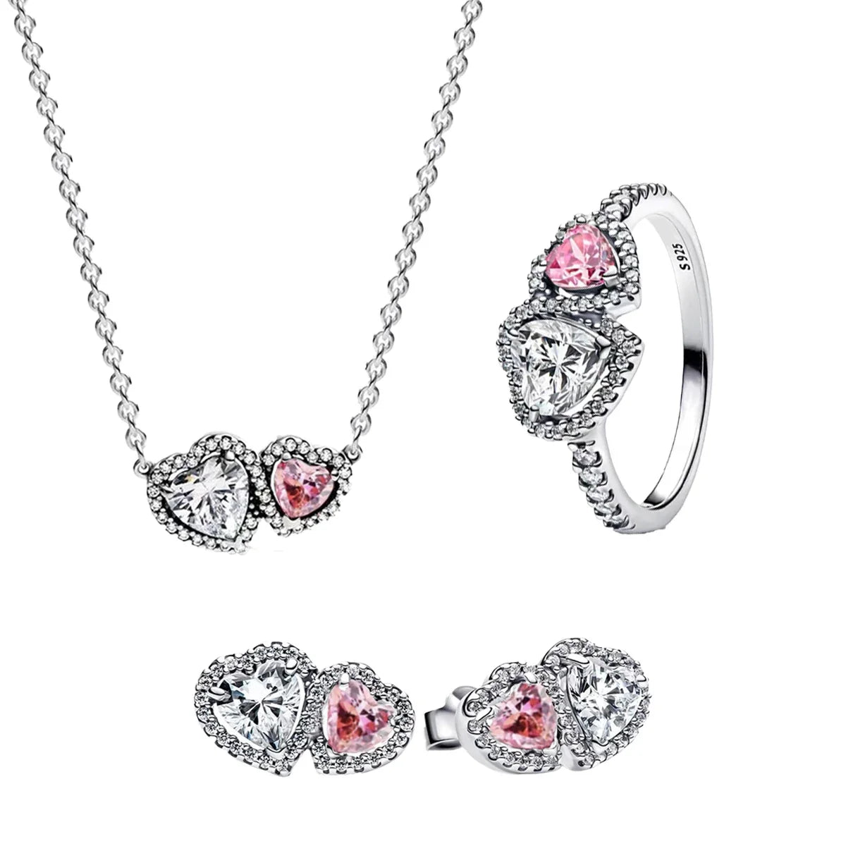 925 Sterling Silver Heart Jewelry Set With Colorful Zircon Sparkling Ring Earrings and Necklace for Women Gift