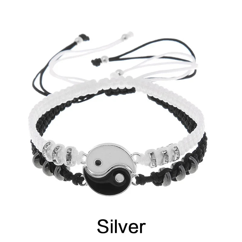Adjustable Yin Yang Friendship Bracelets Set for Men and Women - Black and White Cord Couple Jewelry Gift