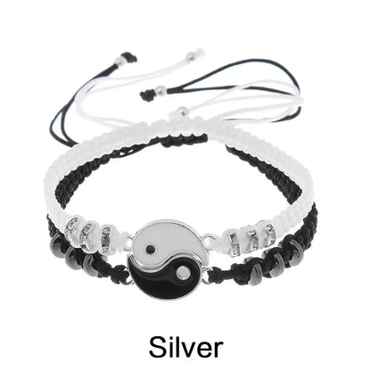 Adjustable Yin Yang Friendship Bracelets Set for Men and Women - Black and White Cord Couple Jewelry Gift