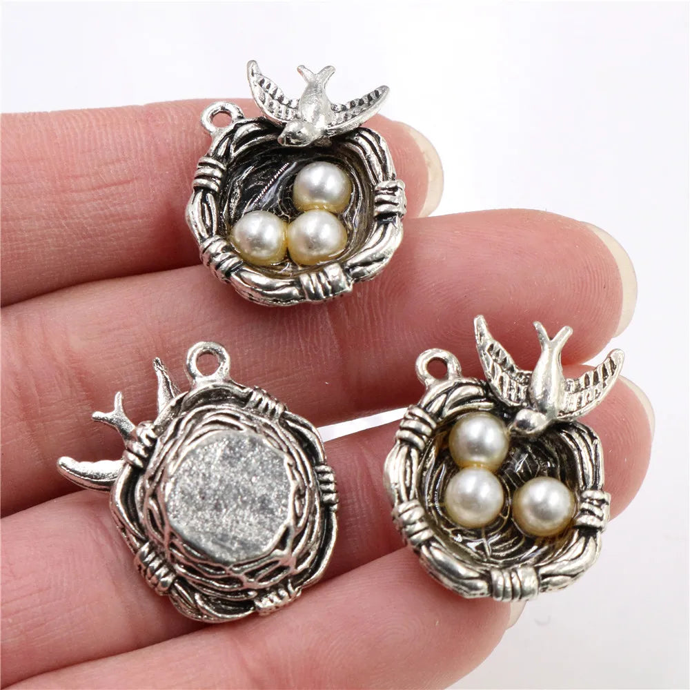 Antique Silver Plated Bird Nest Charms for DIY Jewelry Crafting