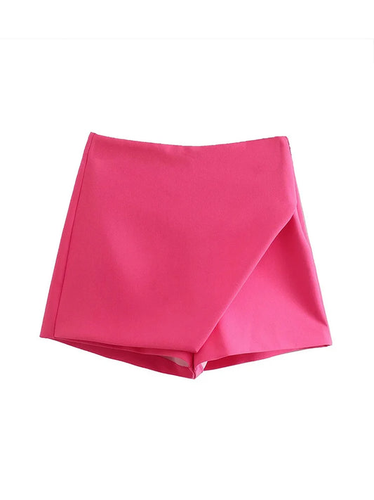 Candy Color Asymmetrical Shorts For Women Zipper Fly Pockets