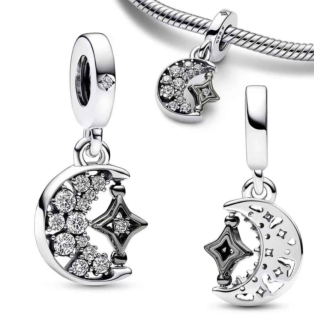 925 Sterling Silver Santa Elk Moon Star Bead Charm Cute