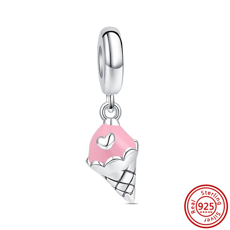 Springtime 925 Silver Pink Flower Ice Cream Charm Pendant for DIY Bracelets N660
