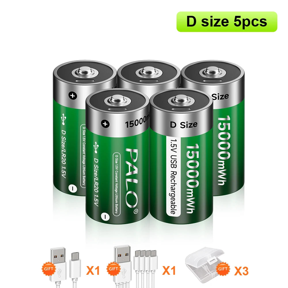 1.5V USB LR20 Battery Rechargeable R20 15000mWh D Size Type Batteries with Type-C Cable 5 PCS Battery CHINA