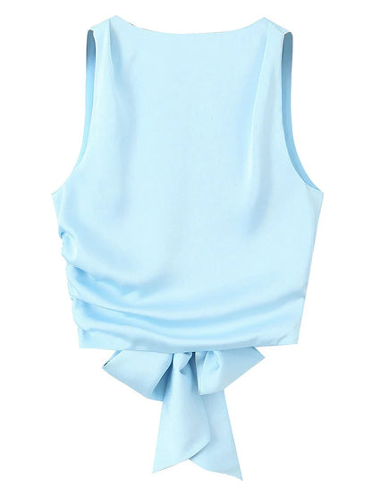 DozwCN Women Bow Backless Cropped Tank Top Solid Chic