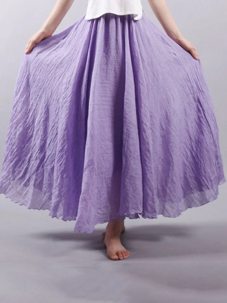 Elegant High Waist Linen Maxi Skirt Two Layer Summer Casual