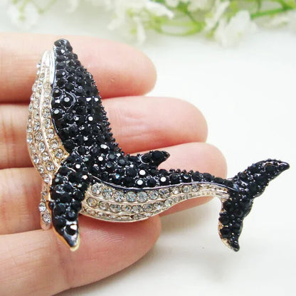 Vintage Black Dolphin Rhinestone Brooch for Women - Elegant Whale Pendant Pin for Party and Wedding