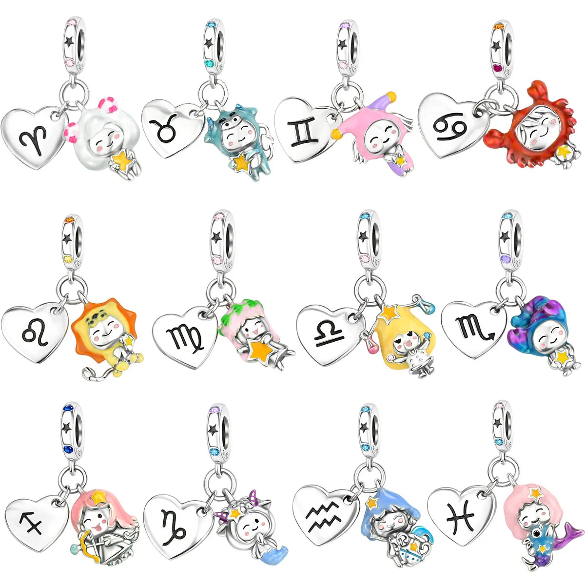 925 Sterling Silver Zodiac Charms with Luminous Stars Zircon Pendants for DIY Bracelets Fine Jewelry Gift