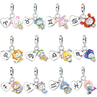 925 Sterling Silver Zodiac Charms with Luminous Stars Zircon Pendants for DIY Bracelets Fine Jewelry Gift