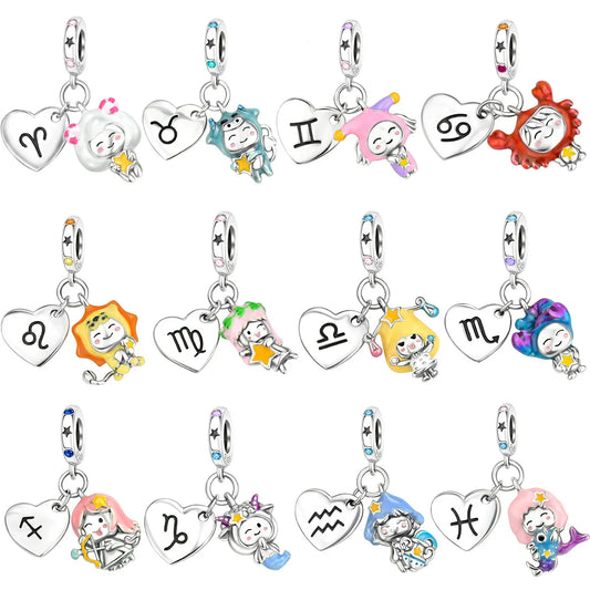 925 Sterling Silver Zodiac Charms with Luminous Stars Zircon Pendants for DIY Bracelets Fine Jewelry Gift