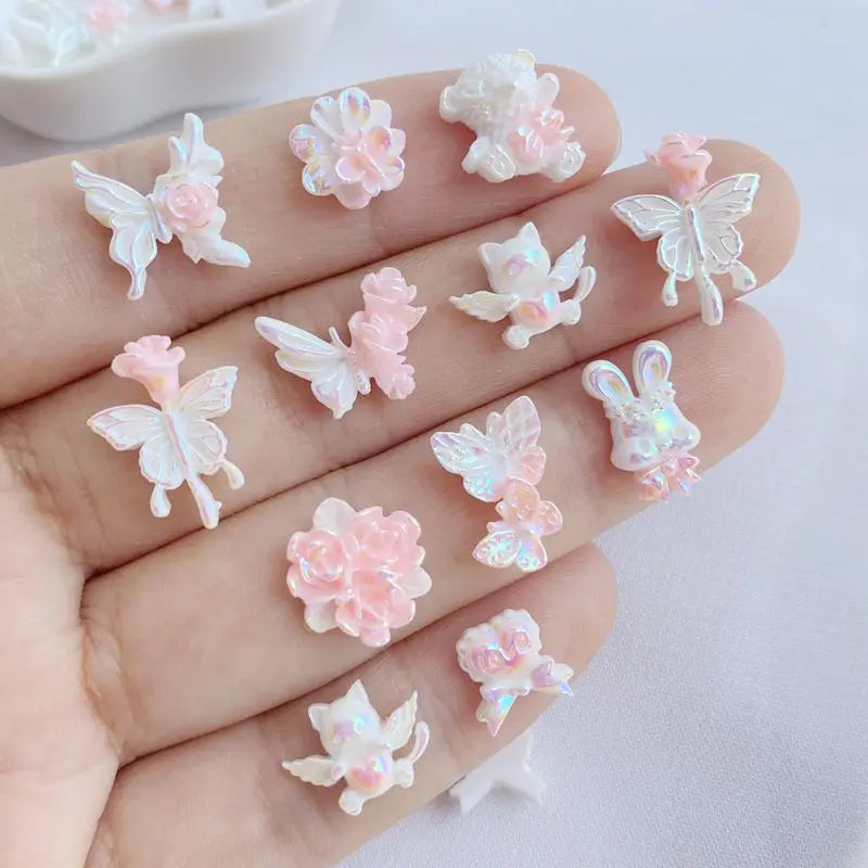 Kawaii 3D Nail Art Resin Charms Set - Bear, Butterfly, Flower, Kitten Series (50 Pieces)