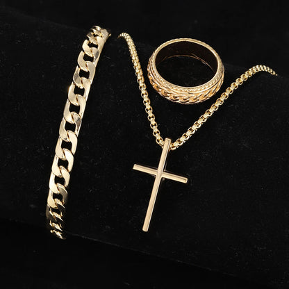 Men's Stylish Black Stainless Steel Cross Necklace, Ring, and Bracelet Set - Non-Fading Jewelry for Weddings and Parties