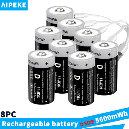 AIPEKE 2-10PC USB 5600mWh D Size Rechargeable Lithium Batteries D SIZE 5600mWh 8PC 1.5V