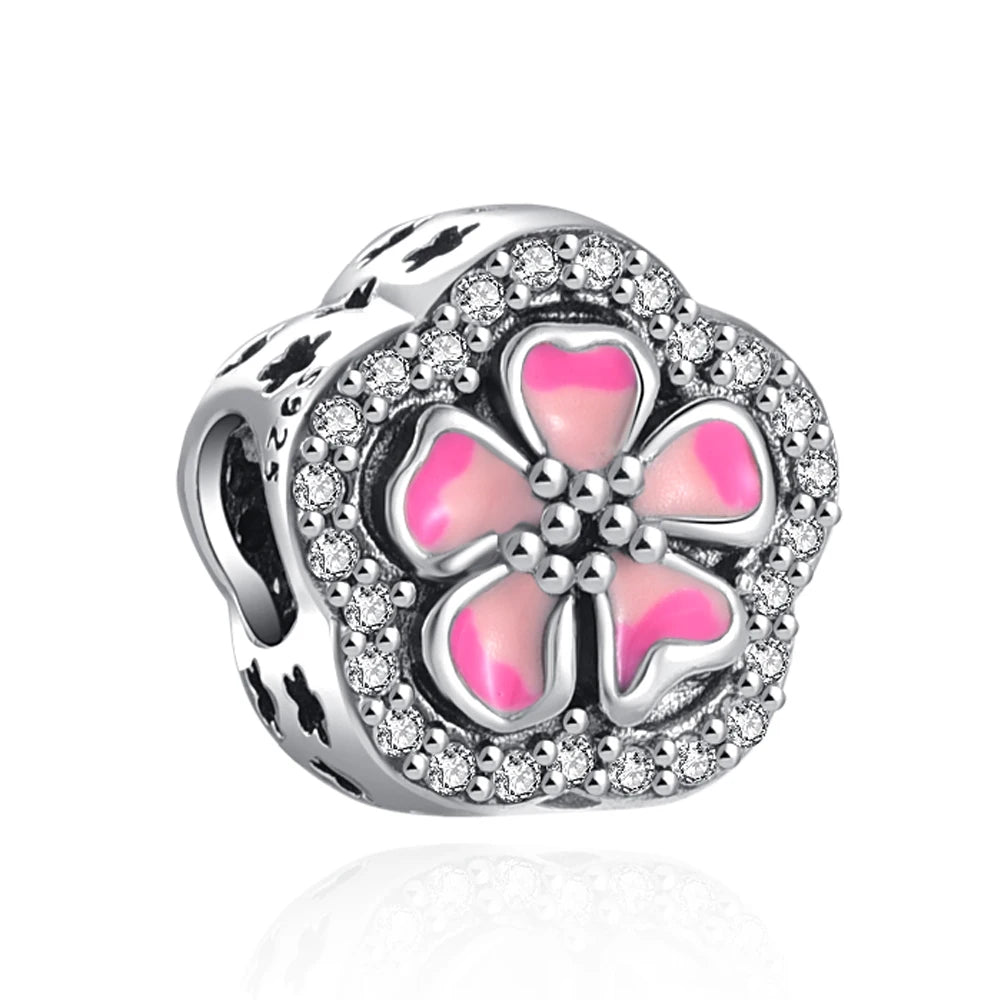 925 Sterling Silver Charm Beads for Women Bracelet - Four-Leaf Clover and Sunflower Design B005