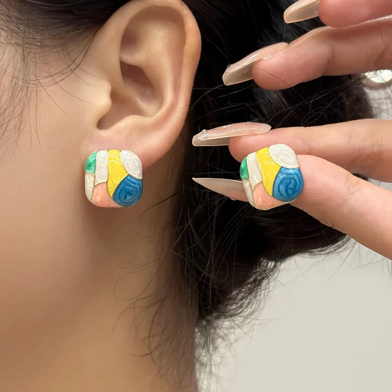 Pink Blue Grid Enamel Square Stud Earrings for Women Colorful Geometric Bohemian Fashion Jewelry