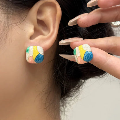 Pink Blue Grid Enamel Square Stud Earrings for Women Colorful Geometric Bohemian Fashion Jewelry