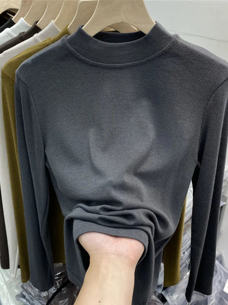 White Cotton Slim Fit Long Sleeve Half Turtleneck Women