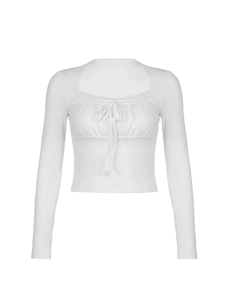 Square Collar Knit Crop Top With Lace Bow For Women