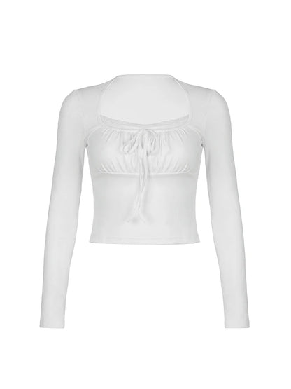 Square Collar Knit Crop Top With Lace Bow For Women