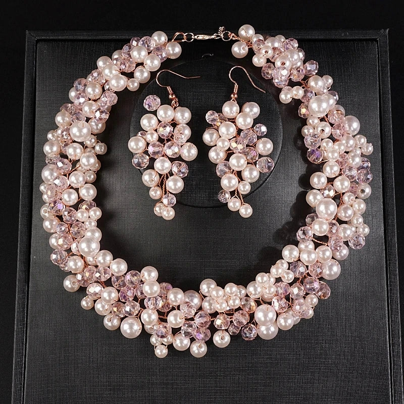 Elegant Bridal Pearl Jewelry Set - Dangle Earrings & Necklace - Top-Rated Party Accessory Pink