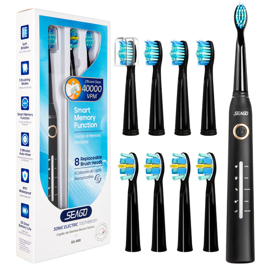 Seago Electric Toothbrush Sonic Toothbrush 30 Days Battery Life 958Black8Brush heads