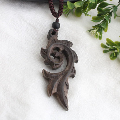 Vintage Long Sweater Chain Necklace for Women with Handmade Sandalwood Pendants in Ethnic Style