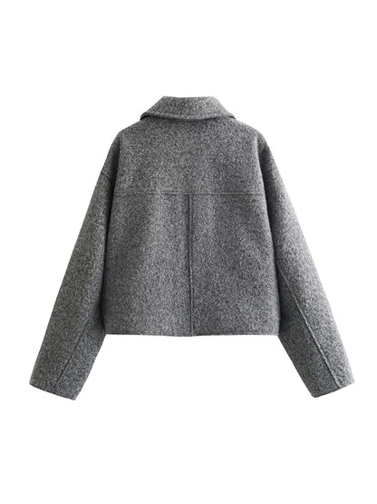 Tweed Cropped Jacket For Women Zip Front Autumn Coat