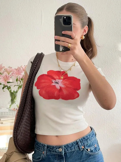 Dozw Crop Top Women Red Flower Print O Neck Short Sleeve