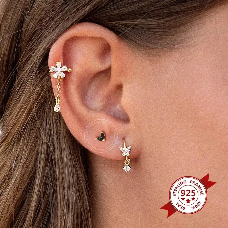 925 Sterling Silver Tiny Stud Earrings Colorful Crystal Luxury Jewelry