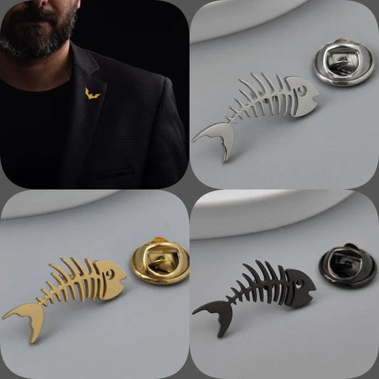 Gold-Plated Fish Bone Brooch Set for Men - Stylish Lapel Pin and Collar Accessory