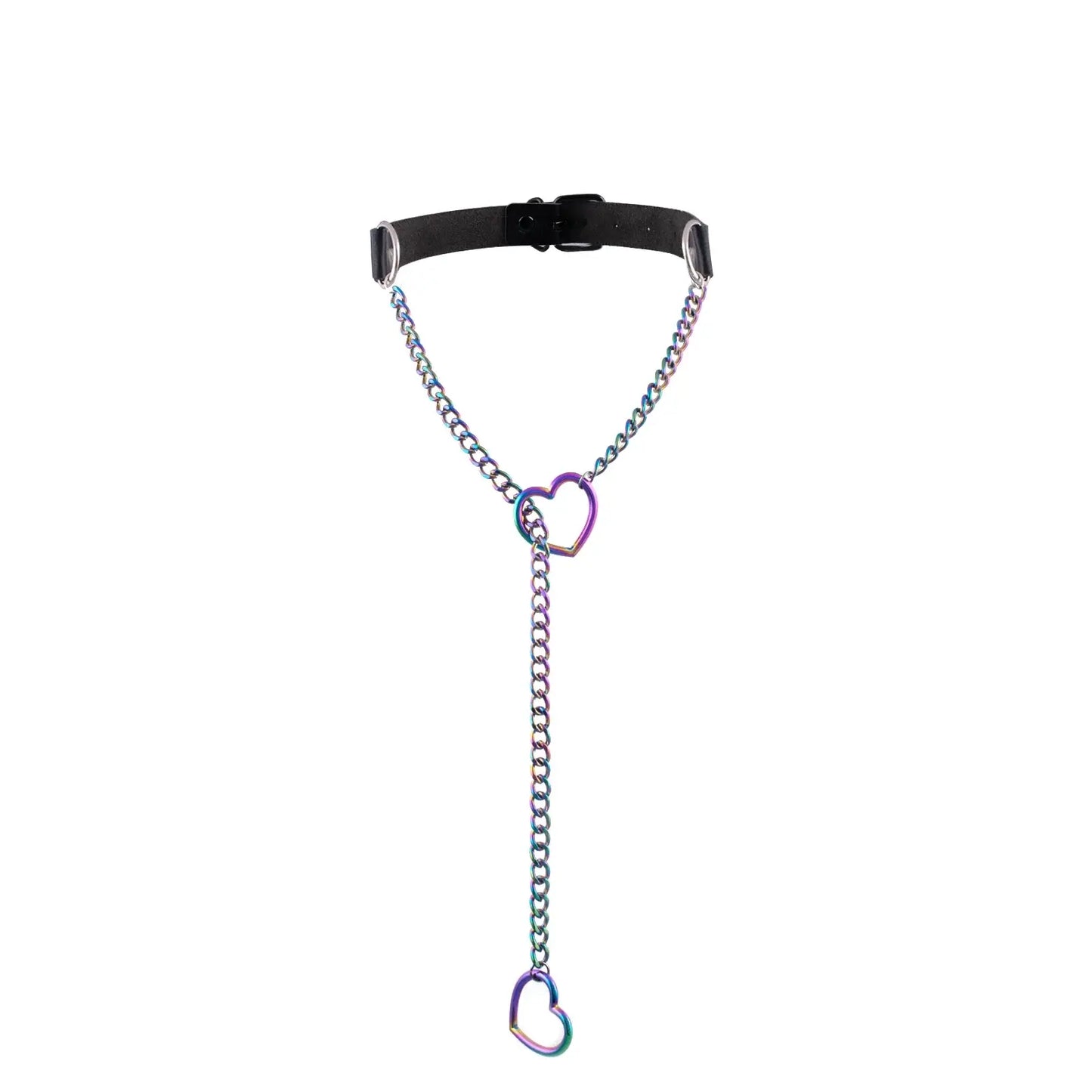 Heart Slip Chain Y Necklace Black Leather Choker for Women Multicolour