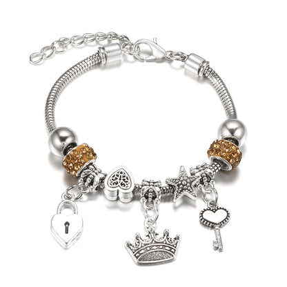 Elegant Heart Lock Charm Beaded Bangle Adjustable Snake Chain Bracelet for Women