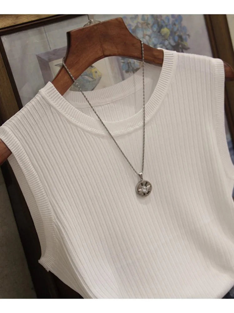 Dozw Knitted Tank Top Women O Neck Solid Vest Casual
