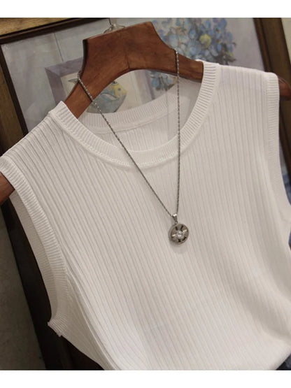 Dozw Knitted Tank Top Women O Neck Solid Vest Casual
