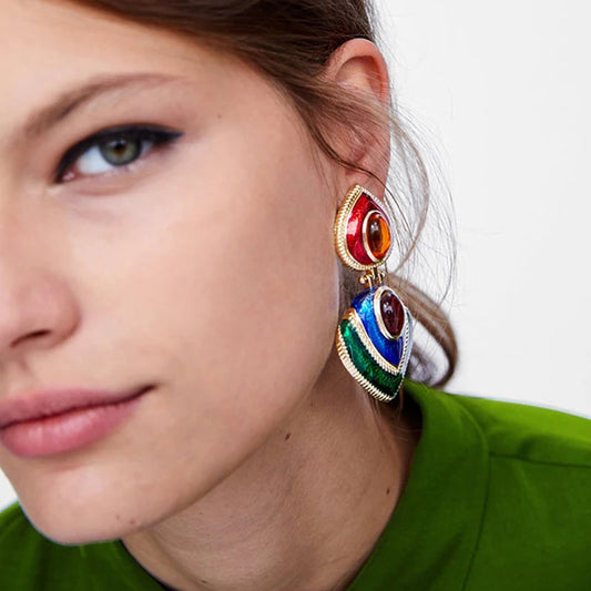 Boho Colorful Crystal Resin Heart Clip-On Earrings for Women Fashion Statement Jewelry