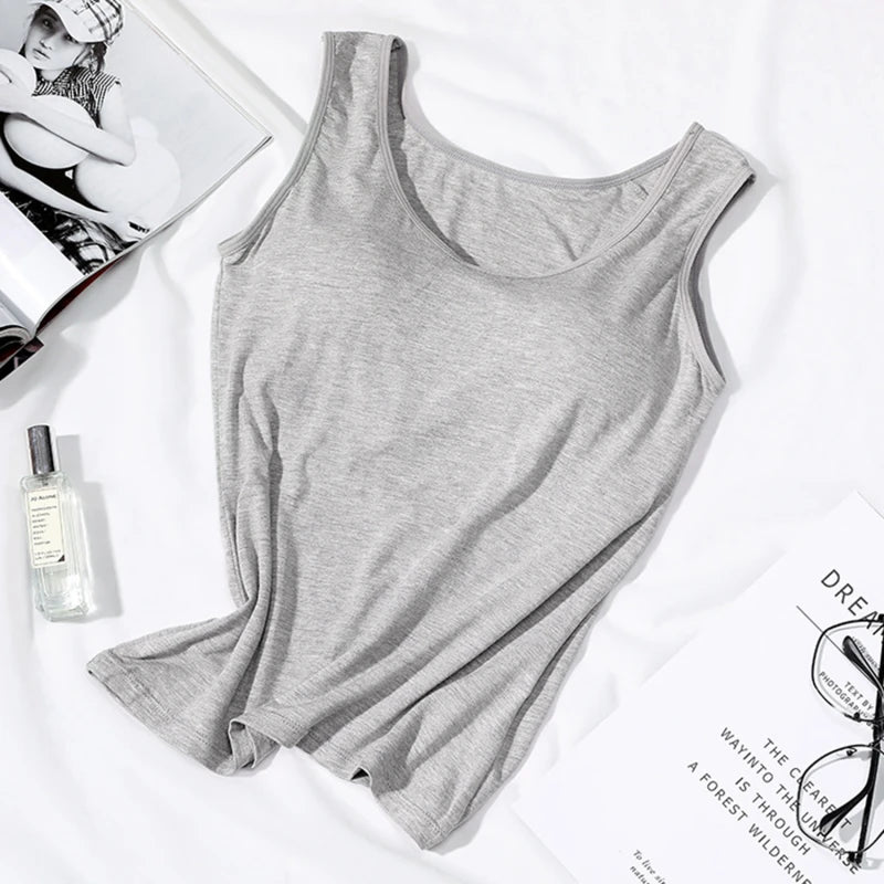 2023 Women’s Slim Fit Vest Tops with Built-In Bra Padded Neck Tank Casual Solid Color Shirts