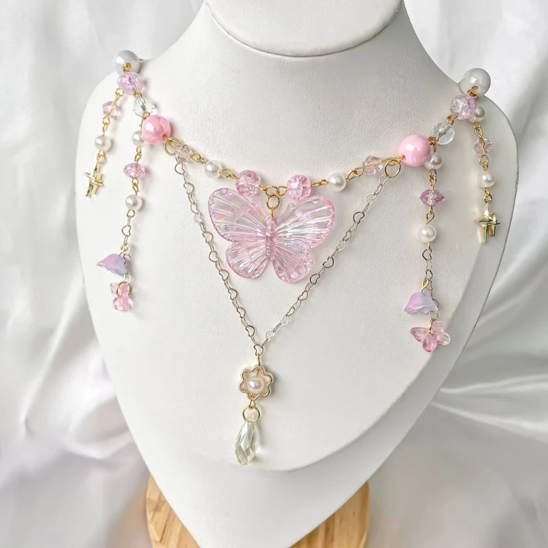 Elegant Beaded Butterfly Pendant Necklace for Women with Adjustable Chain
