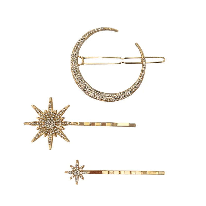 Starry Glam Hair Clip Set - Crystal Side Pins with Rhinestones Gold Set