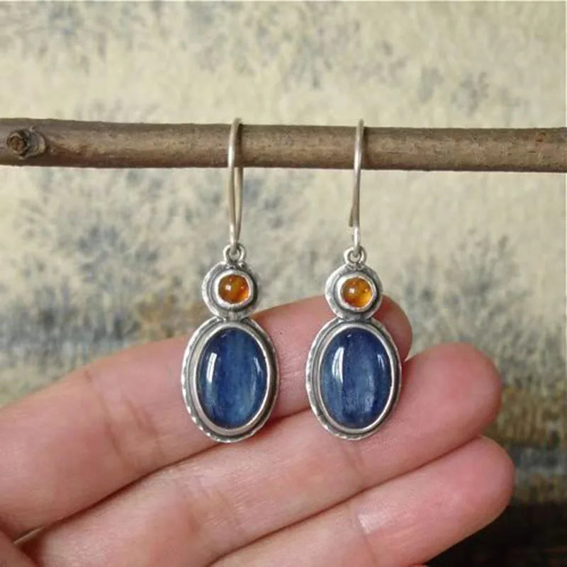 Asymmetric Bronze Red Blue Stone Drop Earrings for Women - Ethnic Statement Jewelry Gift