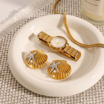 Ocean-Inspired Gold Starfish Shell Stud Earrings for Women