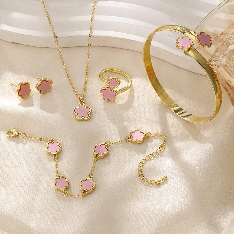 Elegant 5 Leaf Flower Jewelry Set for Women - Necklace, Earrings, Ring, Bracelet - Perfect Christmas and New Year Gift