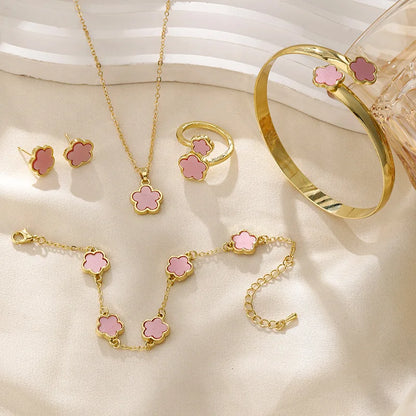 Elegant 5 Leaf Flower Jewelry Set for Women - Necklace, Earrings, Ring, Bracelet - Perfect Christmas and New Year Gift