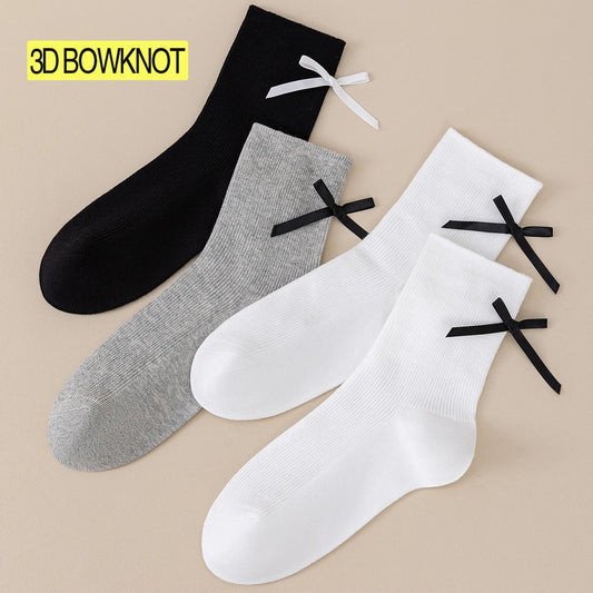 3 Pairs Black White Ballet Bow Crew Breathable Socks