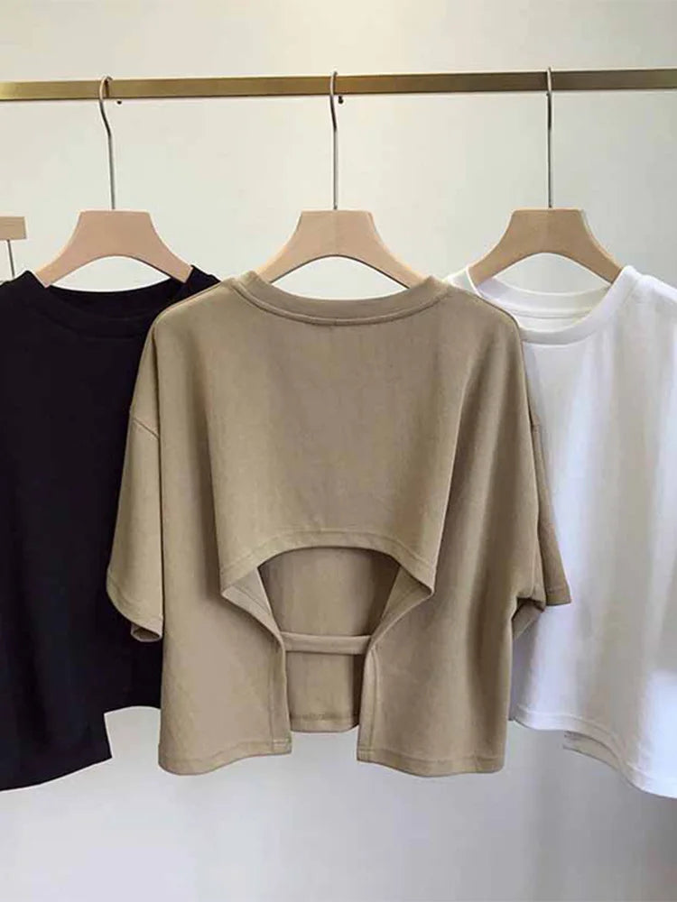 Korean Summer Backless Crop Top Loose Round Neck Sweet