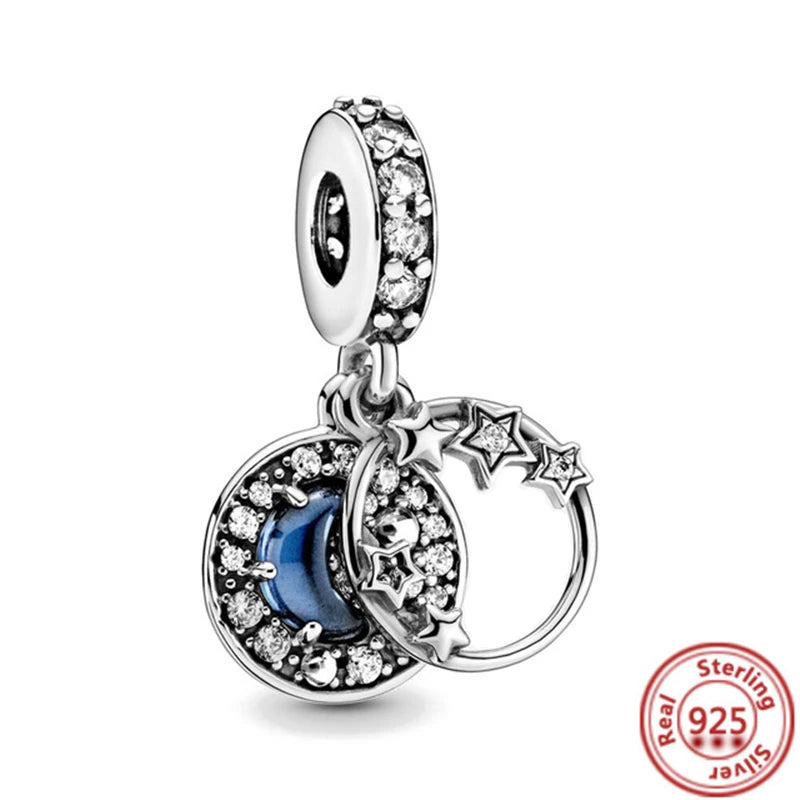 Sterling Silver Blue Zircon Feather Crown Moon Pendant Charm Bracelet Beads Y284 3mm-4mm