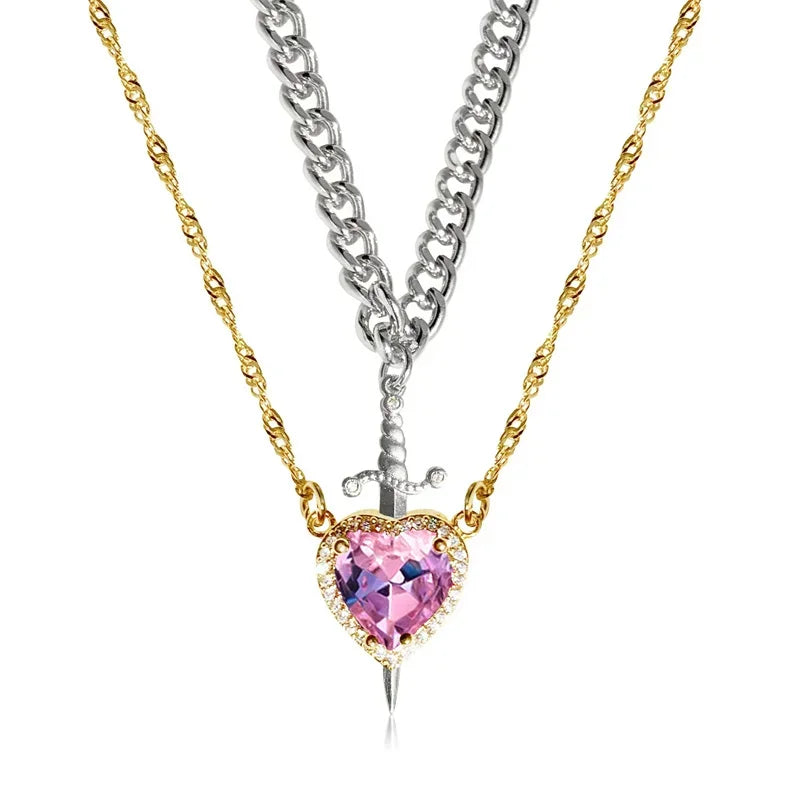 Assembled Heart and Sword Zircon Pendant Necklace Set for Couples Silver Gold Plated Choker Jewelry Gifts