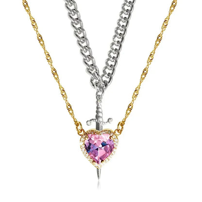Assembled Heart and Sword Zircon Pendant Necklace Set for Couples Silver Gold Plated Choker Jewelry Gifts