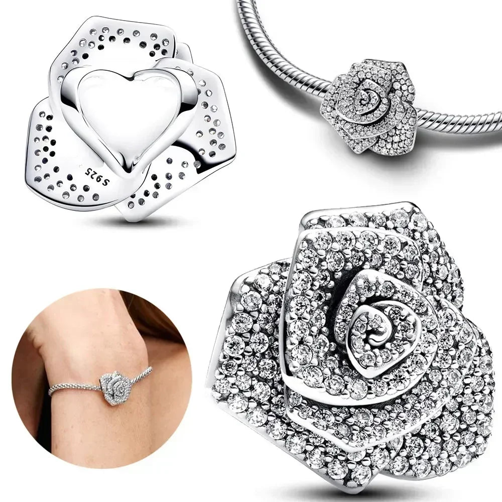 Sterling Silver Pink Blossom Dangle Charm with Butterfly Heart Flower Rose and Bird Bead for DIY Necklace and Bracelet Jewelry