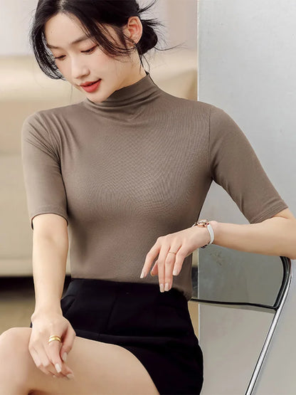 Half Turtleneck Milk Silk Slim Short Sleeve Top Basic